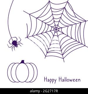 Spinnennetz und hängende Spinne, festlicher Kürbis. Happy halloween lineare blaue Karte mit Worten. Dekoration für den Urlaub, Dekoration, Designoobjekt, Banner, Poster. Flacher Vektorstil Stock Vektor