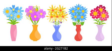 Vasen mit bunten blühenden Blumen Set. Gerberas, Aster, Butterblumen, Chrysanthemen. Bundle von Blumensträußen. Design für Grußkarten, Banner, Einladungen, Poster. Pflanzliches Element. Flacher Vektorstil Stock Vektor