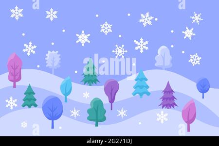 Bäume aus Blau, Grün, Rosa, Blau steigen auf Schneeverwehungen auf, verschiedene Formen von Schneeflocken fliegen umher. Hintergrund für Text. Banner, Poster, Werbung, Grußkarte. Vektor flach. Weihnachtsgeschichte. Stock Vektor