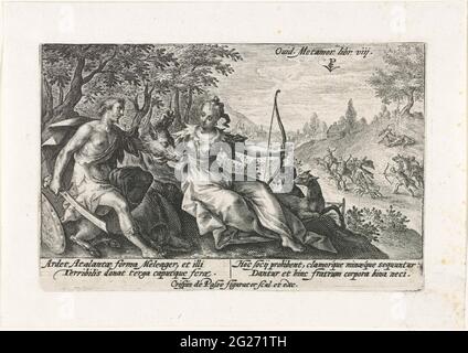 Meleager und Atalanta; Metamorphosen von Ovid. Meleager gibt Atalanta den Kopf des kalydonischen Wildschweins. Im Hintergrund die Jagd nach dem Wildschwein, das die Felder des Vaters zerstörte. Am Rand eine vierzeilige Beschriftung, in zwei Spalten, in Latein. Stockfoto