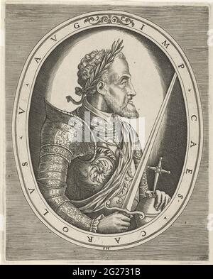 Porträt von Karl V. van Habsburg; Porträts von Königen, Königinnen, Prinzen und Prinzessinnen. Porträt von Karl V. aus dem Habsburger Halven Leva rechts, seine linke Hand auf einem reichen Apfel ruhend, in seiner rechten Hand ein Schwert, in einer ovalen Liste von Randboards in Latein. Stockfoto