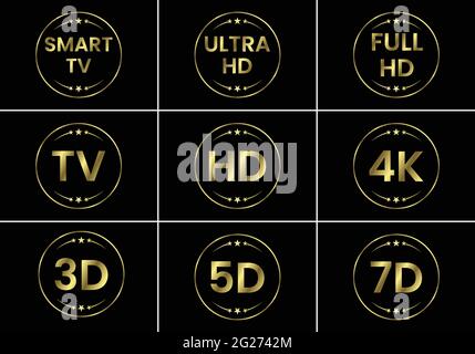 Golden TV-Symbol-Set. TV Labels TV HD 3D 5D 7D Smart TV Full HD 4K Ultra HD Stock Vektor