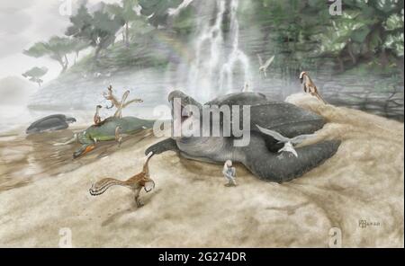 Schildkröte Archelon ischyros mit Saurornitholestes, Ichthyornis und Claosaurus affinis. Stockfoto