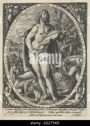 Das Erdelement; die vier Elemente; 4. Prinzipien Musicæ. Landschaft mit Orpheus, der das Geäst spielt, als Allegorie auf das Erdelement. Er ist umgeben von den Tieren, die zu seiner Musik gekommen sind. Am Rand ein vierzeiliger Gedicht, in zwei Spalten, in Latein. Erster Druck aus einer Serie mit den vier Elementen. Stockfoto
