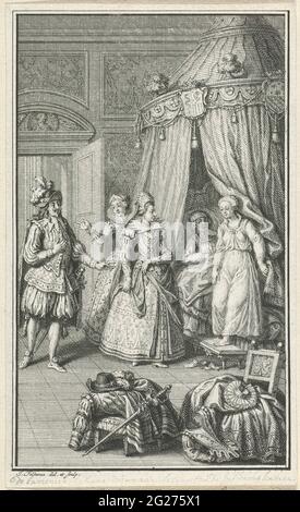 Liebespaar in einem Schlafsaal gefangen. Drei reich gekleidete Figuren haben einen Schlafsaal betreten und finden im Bett einen Mann und eine Frau, die sich etwas gefangen fühlen. Der Mann bleibt im Bett, während die Frau im Nachthemd aus dem Bett aufgestanden ist. Im Vordergrund ist Kleidung über einem Stuhl und einem Hocker aufgestellt. Stockfoto