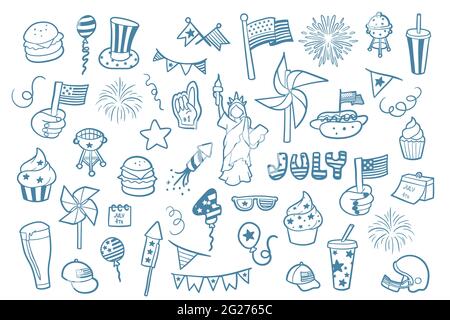 4. Juli, Unabhängigkeitstag der Vereinigten Staaten von Amerika Feier themenorientierte Doodle-Set, einfache Umrisse, Sammlung von handgezeichneten Vektor-Zeichen. Stock Vektor
