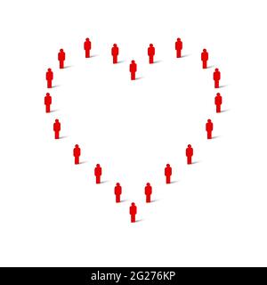 Menschenmenge in Form eines Herzens. Große Personengruppe. Stick Figur rot einfache Symbole. Vektorgrafik. Stock Vektor