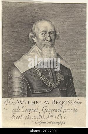 Porträt von Sir William Brog. Porträt von Sir William Brog, von 1588 Oberst bei den Scottish Brigaden im Staatsdienst. Brog hat eine Verletzung an der Nase. Stockfoto