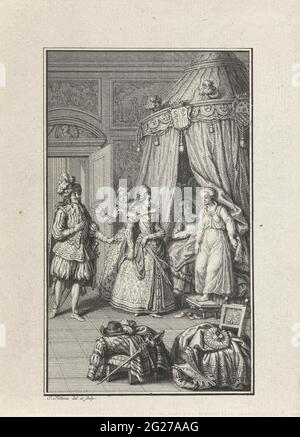 Liebespaar in einem Schlafsaal gefangen. Drei reich gekleidete Gestalten haben einen Schlafsaal betreten und finden einen Mann und eine Frau im Bett. Der Mann bleibt im Bett, während die Frau im Nachthemd aus dem Bett aufgestanden ist. Im Vordergrund ist Kleidung über einem Stuhl und einem Hocker aufgestellt. Stockfoto