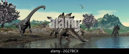 Brachiosaurus und Stegosaurus Dinosaurier in einem territorialen Streit am Wasser. Stockfoto