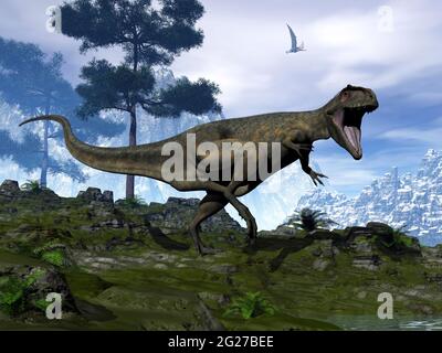 Giganotosaurus Dinosaurier beim Gehen und Brüllen in einer prähistorischen Umgebung. Stockfoto