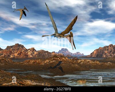 Pterodactylus fliegt über Wasser und sucht nach Nahrung. Stockfoto