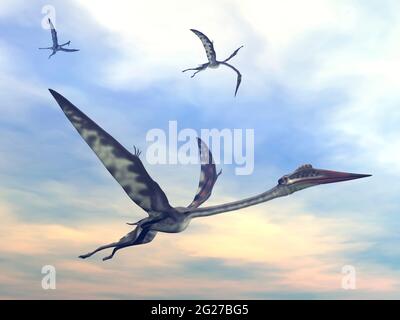 Drei Quetzalcoatlus-Flugsaurier fliegen bei Sonnenuntergang zusammen. Stockfoto