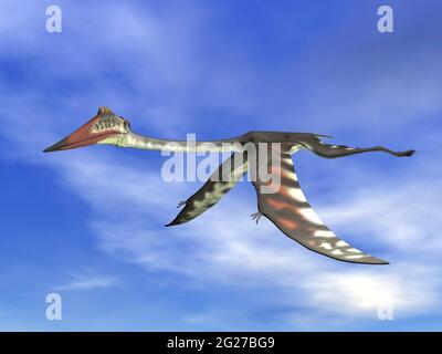 Quetzalcoatlus fyling friedlich in einem blau bewölkten Himmel. Stockfoto