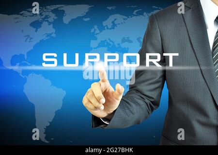 Geschäftsmann berühren SUPPORT-Zeichen auf dem virtuellen Bildschirm Stockfoto