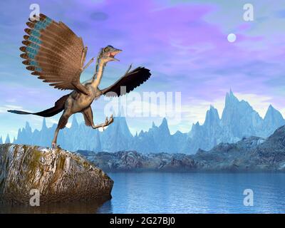 Archaeopteryx prähistorischer Vogel am Wasser in der Nacht. Stockfoto