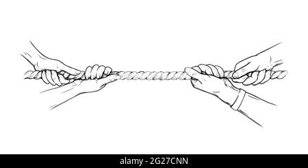 Tauziehen Krieg Wettbewerb mit Seil. Hände ziehen am Seil. Handgezeichnete Vektorgrafik auf weißem Hintergrund abzeichnen Stock Vektor
