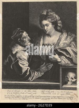 Tizian und seine Geliebte. Kopie zum Selbstporträt von Tizian mit einer jungen Frau. Unten rechts ein Schädel. Das Gemälde von Titian ist verloren gegangen, durch die Radierung von Van Dyck wissen wir, wie das Porträt aussah. Darunter ist eine Widmung an den Händler und Kunstliebhaber Lucas van Uffel und ein italienisches Gedicht zu sehen. Stockfoto