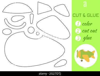 Farbe, schneiden und kleben Papier grün Flugzeug. Seite „Craft Activity“ ausschneiden und einfügen. Pädagogisches Spiel für Kinder im Vorschulalter. DIY-Arbeitsblatt. Logikspiel für Kinder, Stock Vektor