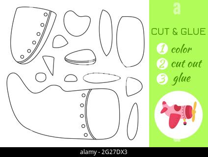 Farbe, schneiden und kleben Papier rosa-roten Flugzeug. Seite „Craft Activity“ ausschneiden und einfügen. Pädagogisches Spiel für Kinder im Vorschulalter. DIY-Arbeitsblatt. Kids Logic Gam Stock Vektor