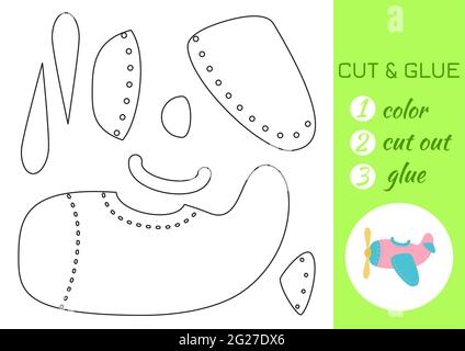 Farbe, schneiden und kleben Papier rosa Flugzeug. Seite „Craft Activity“ ausschneiden und einfügen. Pädagogisches Spiel für Kinder im Vorschulalter. DIY-Arbeitsblatt. Kids Logik Spiel, ein Stock Vektor