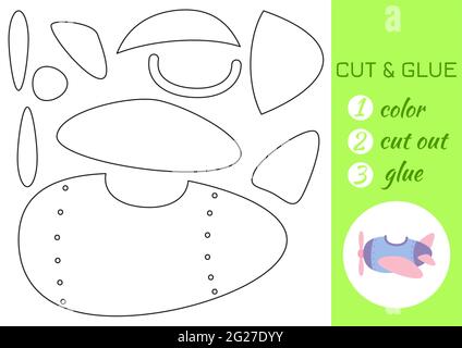 Farbe, schneiden und kleben Papier blau-rosa Flugzeug. Seite „Craft Activity“ ausschneiden und einfügen. Pädagogisches Spiel für Kinder im Vorschulalter. DIY-Arbeitsblatt. Kinder Logik ga Stock Vektor