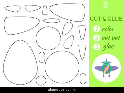 Farbe, schneiden und kleben Papier grün Flugzeug. Seite „Craft Activity“ ausschneiden und einfügen. Pädagogisches Spiel für Kinder im Vorschulalter. DIY-Arbeitsblatt. Logikspiel für Kinder, Stock Vektor