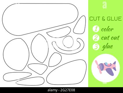 Farbe, schneiden und kleben Papier rosa Flugzeug. Seite „Craft Activity“ ausschneiden und einfügen. Pädagogisches Spiel für Kinder im Vorschulalter. DIY-Arbeitsblatt. Kids Logik Spiel, ein Stock Vektor