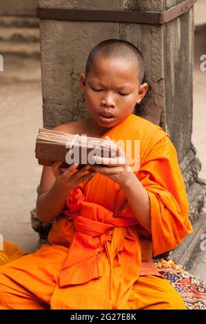 Junger buddhistischer Mönch liest von einer Holztafel in Angkor Wat. Provinz Siem Reap, Kambodscha. Quelle: Kraig lieb Stockfoto