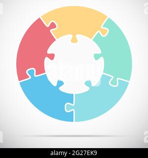 eps-Vektor-Illustration von runden farbigen Puzzle symbolisieren Zusammenarbeit oder Teamwork-Prozess mit weißer Basis, fünf Optionen Idee Stock Vektor