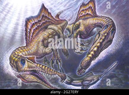 Ein Paar Spinosaurus aegyptiacus befallen eine vorbeiziehende Onchopristis. Stockfoto