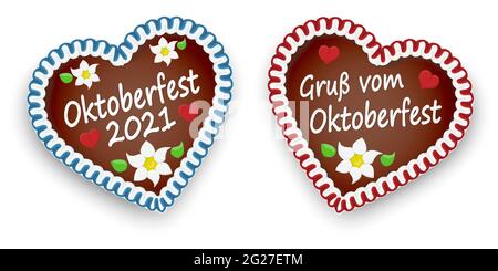 Illustriertes Lebkuchenherz mit Textgrüßen vom Oktoberfest zum Oktoberfest 2021 2022 Time Stock Vektor