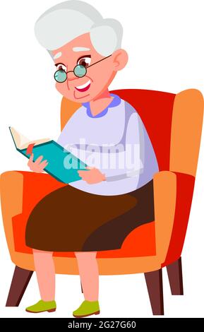Glückliche ältere Dame im Wohnzimmer Sessel sitzen und lesen interessante Buch Cartoon Vektor Stock Vektor
