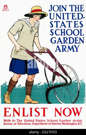 Altes Militärplakat, das die Menschen dazu ermutigt, der United States School Garden Army beizutreten. Stockfoto