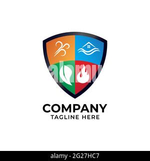 Design-Vorlage für Umweltlogo auf weißem Hintergrund isoliert. Vektordarstellung eines Schildes mit vier Elementen des Lebens. Erde, Wasser, Feuer Stock Vektor