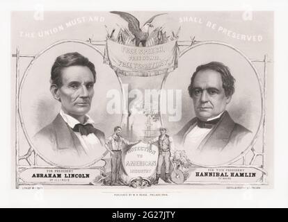 Oval porträtiert Präsident Abraham Lincoln und Vizepräsident Hannibal Hamlin. Stockfoto