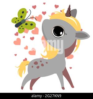 Kleines Baby Einhorn. Isoliertes Objekt auf weißem Hintergrund. Fröhliche Kind Tier. Cartoons im flachen Stil. Lustig. Vektor Stock Vektor