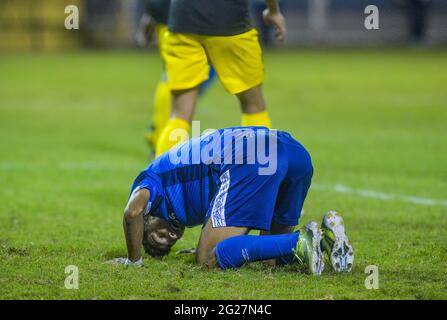 San Salvador, El Salvador. Juni 2021. Salvadorian Nelson Bonilla reagiert während der WM-Gruppe AUF EIN qualifizierendes CONCACAF-Fußballspiel zwischen El Salvador und Antigua und Barbuda im Cuscatlan-Stadion. (Endergebnis; El Salvador 3:0 Antigua und Barbuda) Credit: SOPA Images Limited/Alamy Live News Stockfoto