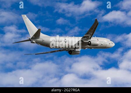 Ein P-8A Poseidon-Seepatrouillenflugzeug der US Navy. Stockfoto