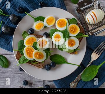 Eiersandwich aus Roggenbrot und gekrönt mit gekochtem und geschnittenem Ei und Spinat. Serviert mit frischen Blaubeeren auf einem Teller auf einem Holztisch Stockfoto