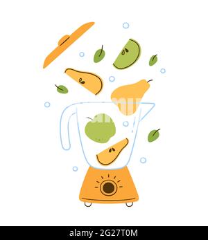 Mixer für Obst-Smoothie. Elektrischer Mixer macht Birnen- und Apfelcocktail. Gesundes Frühstück am Morgen. Handgezeichnetes Lebensmittelposter. Vektordarstellung in Stock Vektor