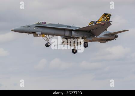 Eine Schweizer Luftwaffe F/A-18C Hornet bereitet sich auf die Landung vor. Stockfoto