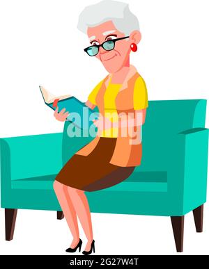 Alte Frau sitzt auf dem Sofa und liest Buch Cartoon Vektor Stock Vektor