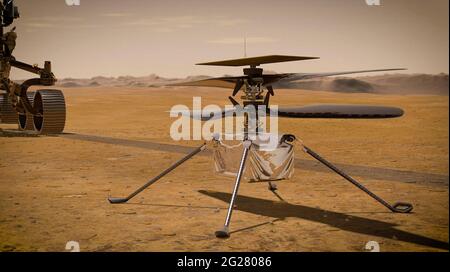 Künstlerkonzept des NASA-Hubschraubers Ingenuity Mars auf der Oberfläche des Roten Planeten. Stockfoto