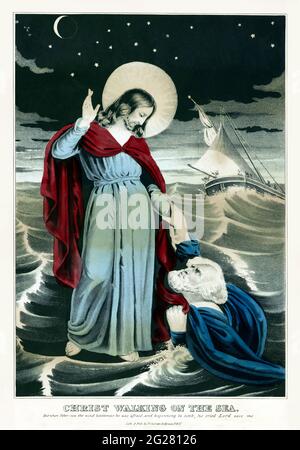 Christus geht auf dem Wasser und rettet einen sinkenden Mann. Stockfoto