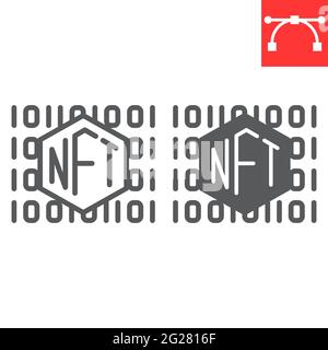 NFT-Codezeile und Glyph-Symbol, eindeutiges Token und nicht fungible Token, NFT-Vektorsymbol, Vektorgrafiken, editierbares Konturumrisszeichen, eps 10. Stock Vektor