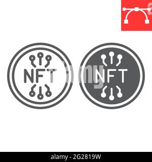 NFT-Münzzeile und Glyphen-Symbol, eindeutiges Token und Blockchain, nicht fungible Token-Vektor-Symbol, Vektorgrafiken, bearbeitbares Konturumrisszeichen, eps 10. Stock Vektor
