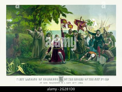 Erste Landung von Christoph Kolumbus an den Ufern der Neuen Welt in San Salvador, 1492. Stockfoto