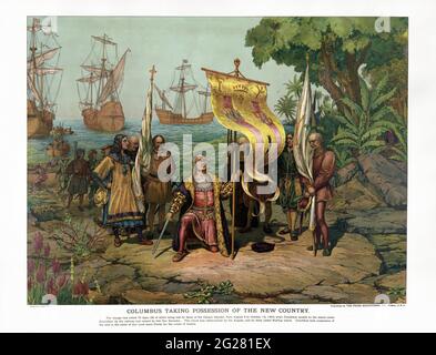 Christoph Kolumbus nimmt das neue Land in Besitz, 1492. Stockfoto