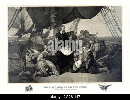 Christoph Kolumbus steht unter seiner Besatzung an Bord der Santa Maria mit der Fernsicht auf eine Insel am Horizont. Stockfoto